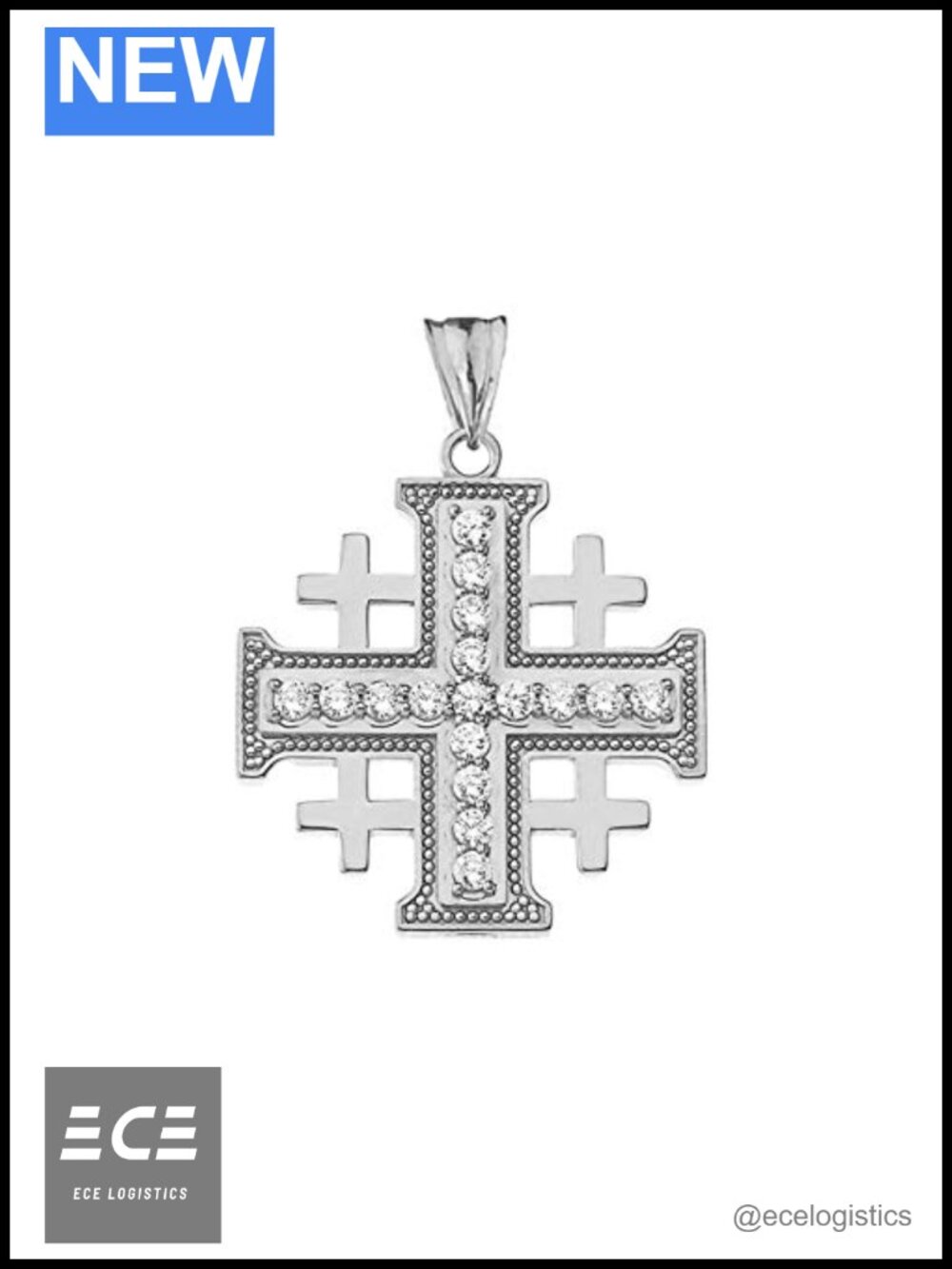Sterling Silver CZ Jerusalem Cross Pendant Necklace Fine Jewelry